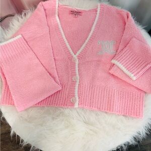 Juicy Couture Bubblegum Pink V-Neck Cropped Cardigan with White Trim